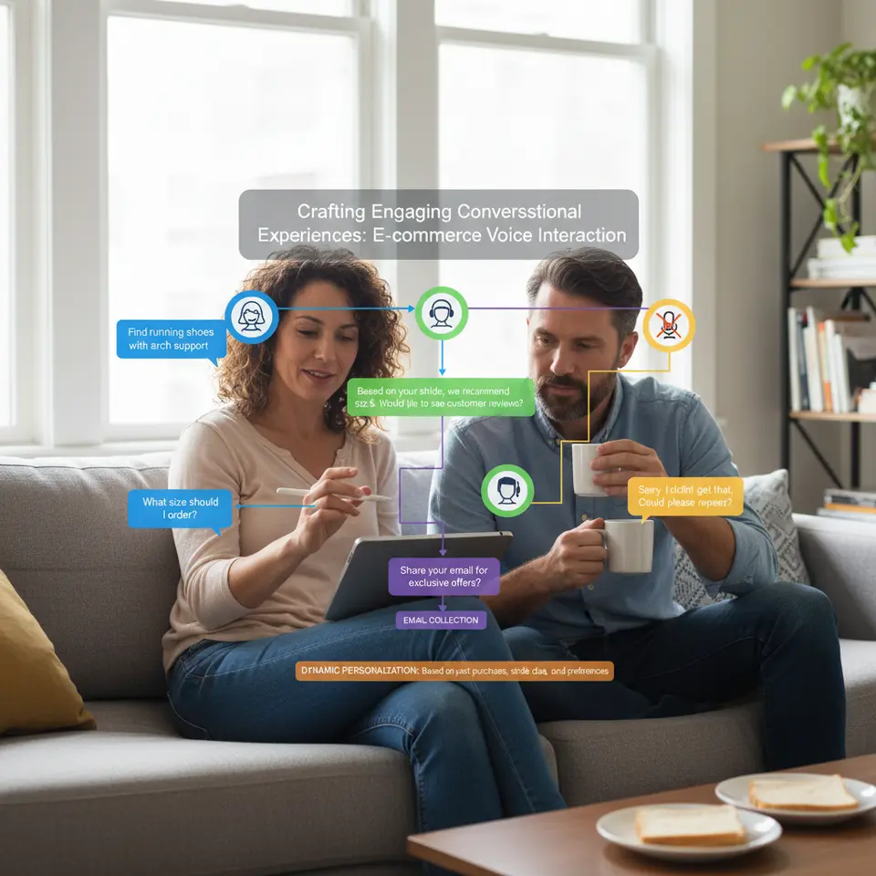 Crafting Engaging Conversational Experiences: A visual flowchart of a voice interaction for an e-commerce brand—speech bubbles illustrating user queries (‘Find running shoes with arch support,’ ‘What size should I order?’), assistant prompts guiding product discovery, fallback responses for misunderstandings, a step prompting for email collection, and dynamic personalization notes. Use distinct colors for each branch of the conversation and include user and assistant avatars.