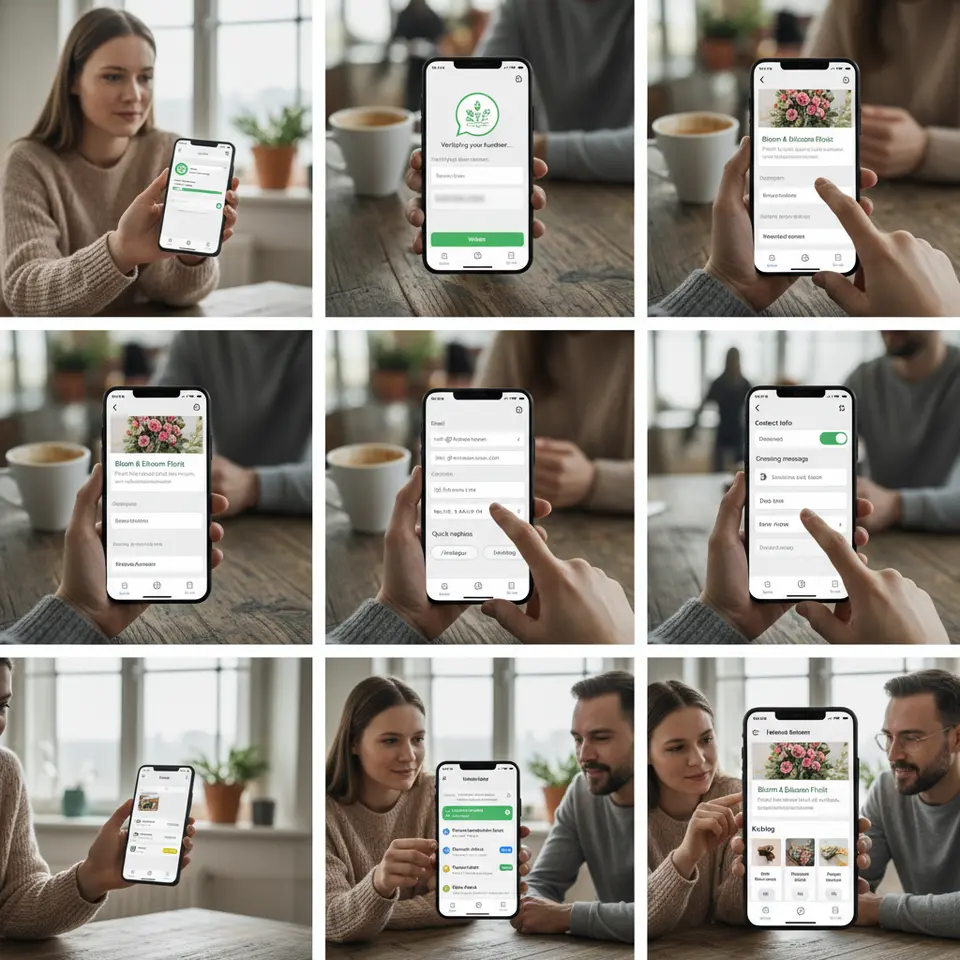 Step-by-step illustration of setting up a WhatsApp Business profile: install the app on a dedicated device, verify the phone number via SMS or call prompt, upload a clear logo and branded banner, craft a concise business description with website link, fill in contact details, enable automated greetings and quick-reply buttons, apply chat labels (e.g., 