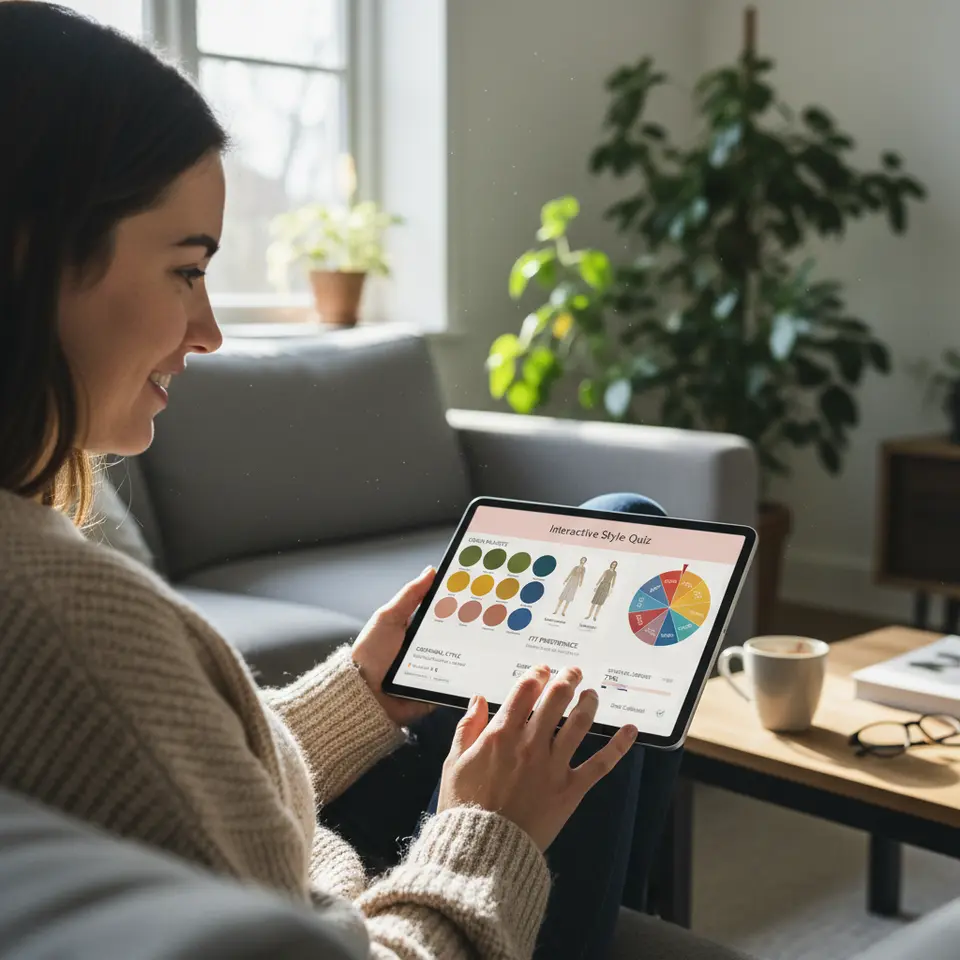 Interactive quiz and gamified preference center: a user engaging with a digital style quiz showing color swatches, fit options, and logic-branched questions, alongside a spin-to-win wheel and progress bar to illustrate zero-party data collection techniques