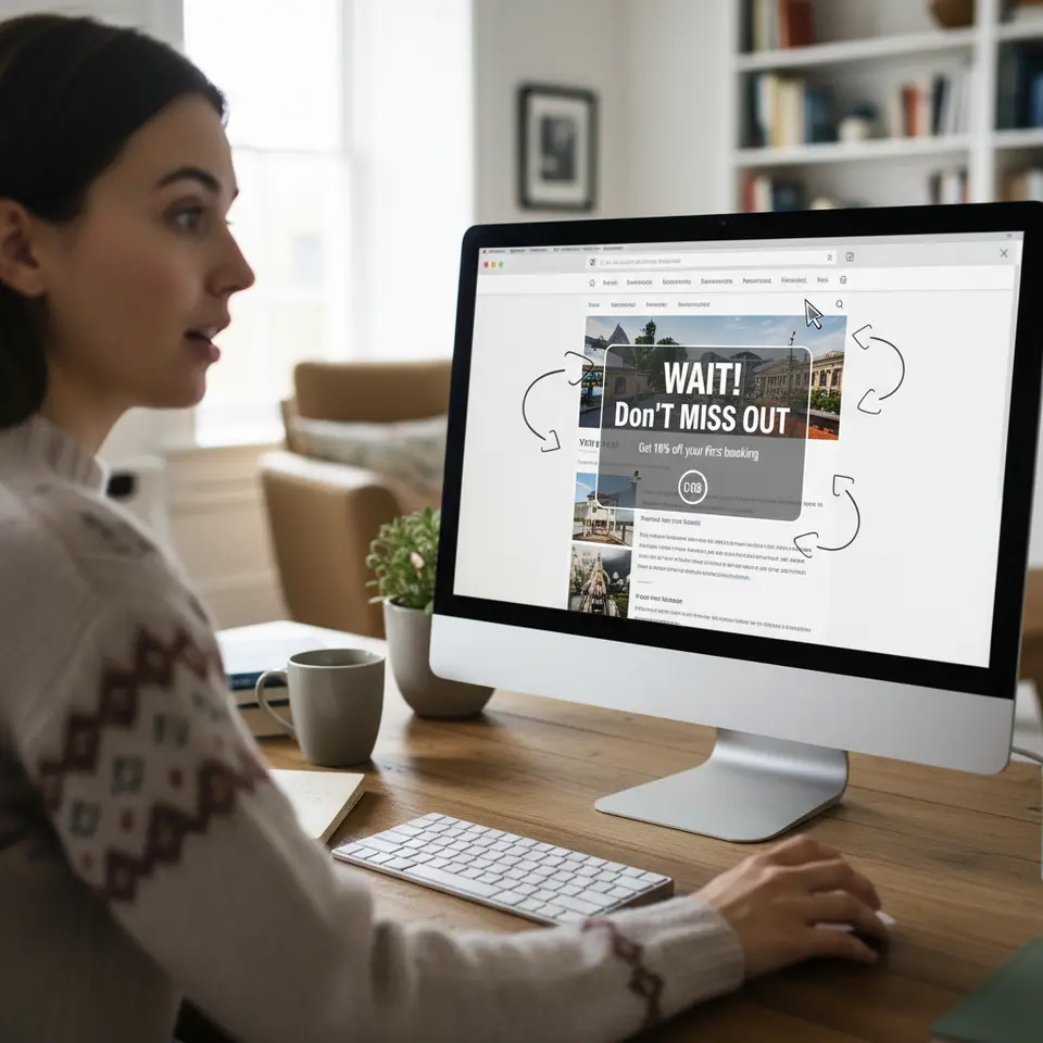 Boost Lead Generation with Exit-Intent Popups: Best Tips 2 Dynamic exit-intent popup in action: a website page with a user’s cursor moving toward the browser’s close button or address bar, triggering a semi-transparent overlay that offers a discount or signup, complete with timing indicators and mouse-movement arrows.